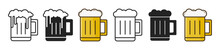 Beer Glass Or Mug Icon Set. Simple Alcohol Drink Lager Glass Vector Pictogram Set In Black And Yellow Color.