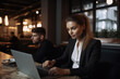 © Rafa Fernandez - Businesswoman working with laptop in a bar. AI Generative
