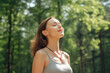 Relaxed woman breathing fresh air in a green forest. AI Generative