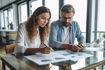 Two business people sit at desk discuss project details, AI Generative