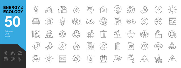 energy and ecology line editable icons set. vector illustration in modern thin line style of eco rel