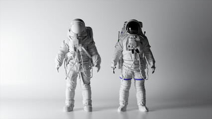 two astronauts in white spacesuits stand on a white background. lighting is changing. black and whit