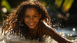Portrait of a beautiful young african american surfer girl in the water. Generative AI.