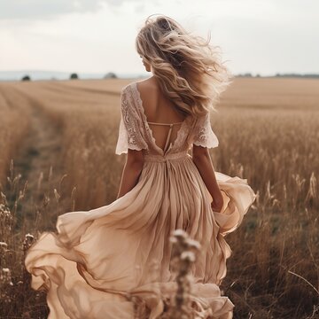 woman in a field wearing a blush boho lace and chiffon dress blowing in the wind in a creamy beige open field outdoors