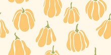 Seamless Pattern With Pumpkin Silhouettes. Matisse Style Modern Pattern. Simple Style Beige Autumn Background With Squash. Orange Gourd.