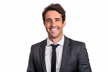 Wall Mural - Portrait of a handsome young businessman smiling, isolated over white background