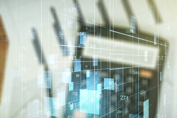 Aufkleber - Multi exposure of abstract virtual graphic data spreadsheet sketch on blurry calculator and papers background, analytics and analysis concept