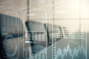 Poster - Double exposure of abstract virtual statistics data hologram on a modern meeting room background, statistics and analytics concept