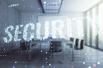 Poster - Virtual cyber security creative concept on a modern furnished office background. Double exposure