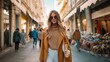 © Svfotoroom - Young beautiful stylish woman walking in pink coat, holding purse in hands, smiling, happy, street style. Generative ai.