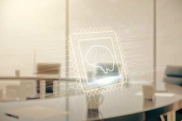 Poster - Virtual creative artificial Intelligence hologram with human brain sketch on a modern conference room background. Multiexposure