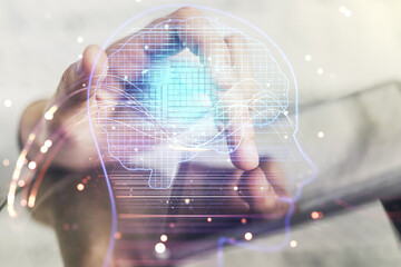 Poster - Double exposure of creative human head microcircuit and hand working with a digital tablet on background. Future technology and AI concept