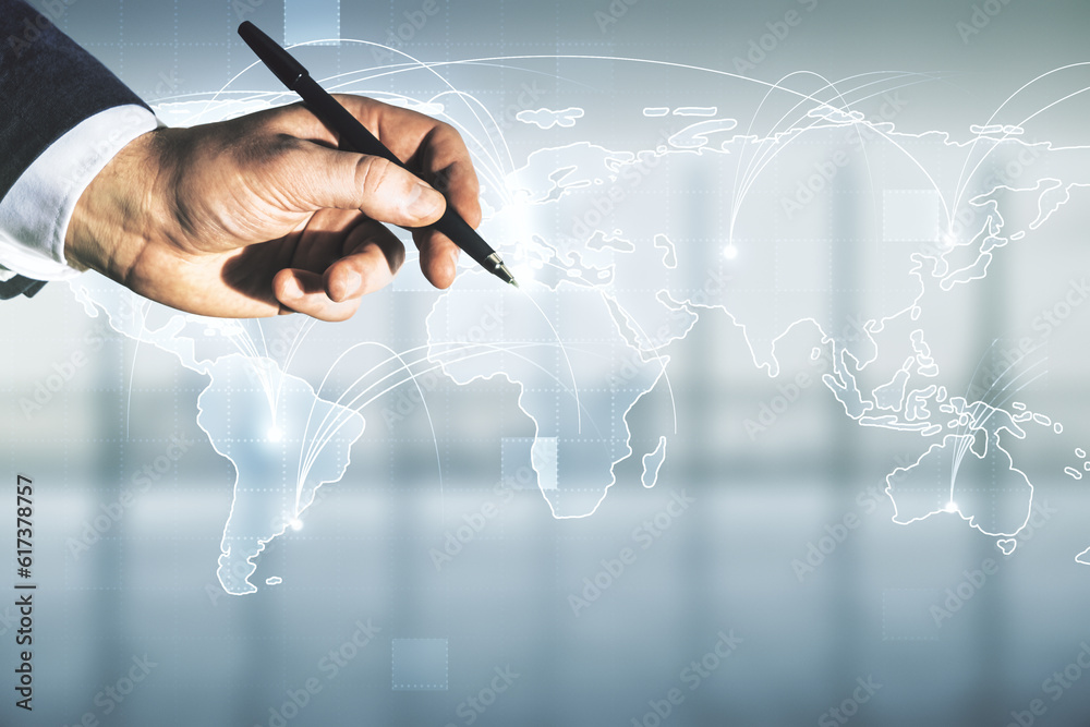 Man hand with pen working with abstract graphic digital world map with ...