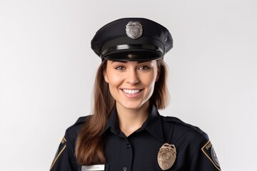 Poster - Portrait of a beautiful police woman on a white background. Cop in uniform.