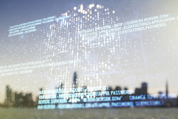 Poster - Double exposure of abstract virtual creative code skull hologram on blurry cityscape background. Malware and cyber crime concept