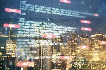 Poster - Multi exposure of abstract programming language hologram on San Francisco office buildings background, artificial intelligence and machine learning concept