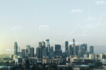 Poster - Abstract virtual analytics data spreadsheet on Los Angeles cityscape background, analytics and analysis concept. Multiexposure