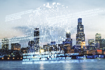Poster - Double exposure of abstract virtual creative code skull hologram on Chicago city skyscrapers background. Malware and cyber crime concept