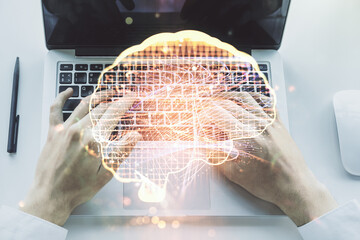 Poster - Double exposure of creative human brain microcircuit with hand typing on computer keyboard on background. Future technology and AI concept