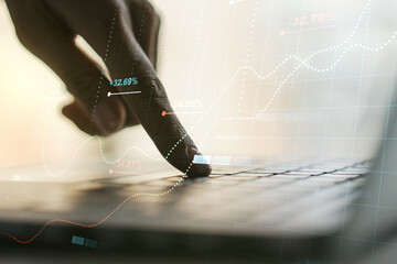 Poster - Multi exposure of abstract graphic data spreadsheet sketch with hands typing on computer keyboard on background, analytics and analysis concept