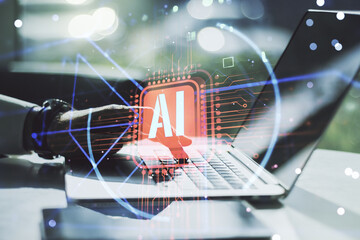 Poster - Double exposure of creative artificial Intelligence abbreviation with hand typing on computer keyboard on background. Future technology and AI concept
