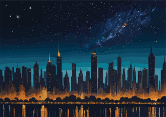 Wall Mural - big city night lights skyline. vector cityscape