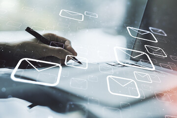 Poster - Creative concept of postal envelopes illustration with hand writing in notebook on background with laptop. Email and communications concept. Multiexposure