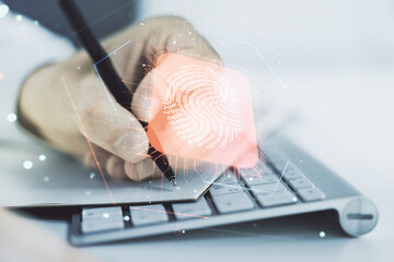 Aufkleber - Multi exposure of creative fingerprint hologram with hand writing in notebook on background with laptop, personal biometric data concept