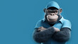 © dwoow - Monkey in a blue working uniform on a blue background. AI generation