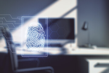 Aufkleber - Double exposure of abstract creative fingerprint hologram and modern desk with computer on background, protection of personal information concept