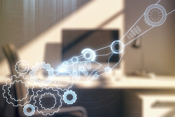 Aufkleber - Double exposure of robotics technology hologram and modern desktop with laptop on background. Research and development software concept