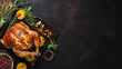 Thanksgiving Homemade Roasted Turkey. Top view flat lay background. Copy space.
