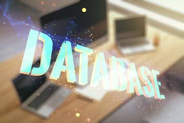Aufkleber - Double exposure of Database word sign and modern desktop with computer on background, global research and analytics concept