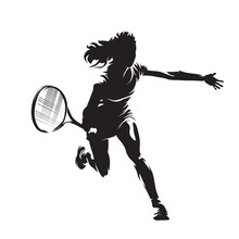 Female Tennis Player, Woman Playing Tennis, Isolated Vector Silhouette