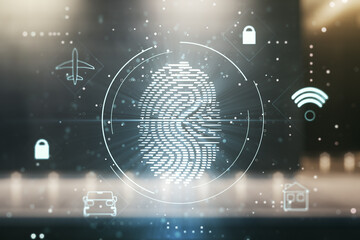 Aufkleber - Double exposure of virtual creative fingerprint hologram on contemporary business center exterior background, protection of personal information concept