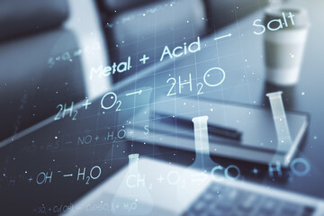 Poster - Double exposure of creative chemistry concept on laptop background, research and development concept