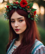 A brown-haired girl with a crown of flowers on her head, in a rustic summer dress with embroidery, close-up, blurred summer background with bokeh. Generative AI