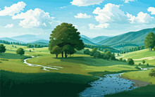 Countryside Landscape With Rolling Hills, A Winding River, And A Small Farmhouse In The Distance. Few Trees And Fluffy Clouds In The Sky