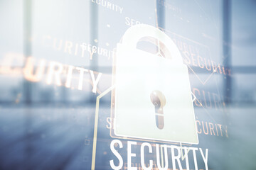 Poster - Virtual creative lock symbol and microcircuit illustration on empty corporate office background. Protection and firewall concept. Multiexposure
