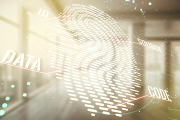 Aufkleber - Multi exposure of virtual creative fingerprint hologram on empty corporate office background, personal biometric data concept
