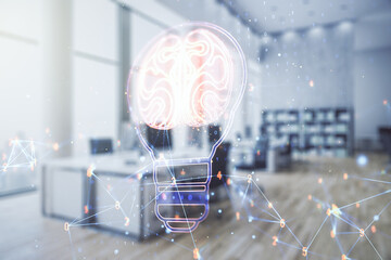 Aufkleber - Double exposure of abstract virtual creative light bulb hologram with human brain on modern corporate office background, idea and brainstorming concept