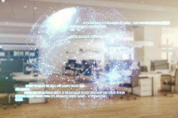Poster - Multi exposure of abstract graphic coding sketch and world map on a modern furnished classroom background, big data and networking concept