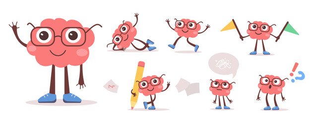 Vector set of illustration of happy kid character in different pose on white color background. Flat style design of think brain character in glasses with pencil, speech bubble, idea