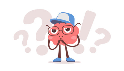 Vector illustration of happy brain character with glasses, cap and question with exclamation mark. Flat style design of business pink brain character think
