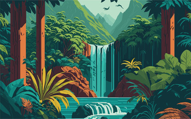 Wall Mural - vector illustration a panoramic view of a tropical rainforest, with multiple waterfalls cascading down rugged cliffs, surrounded by diverse flora and fauna. dynamic energy and visual spectacle of the