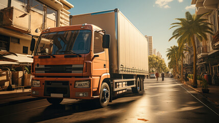 Poster - Transport Truck, Moving House, Open delivery truck with furnitures and cardboard boxes, Moving to new house and family relocation concept.