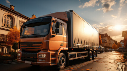 Poster - House move, mover service and Moving service concept, Transport Truck full of moving boxes and furniture.