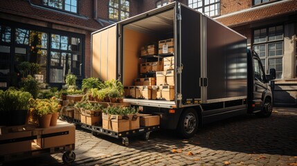 Poster - Transport Truck, Moving House, Open delivery truck with furnitures and cardboard boxes, Moving to new house and family relocation concept.