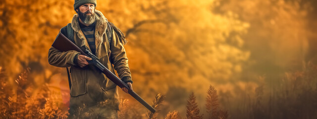 hunter with a gun in the forest, banner with copy space made with generative ai