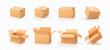 3D cardboard open and closed boxes isolated on transparent background. Delivery cargo box set. Cartoon style cardboard box or delivery package. Vector 3d realistic